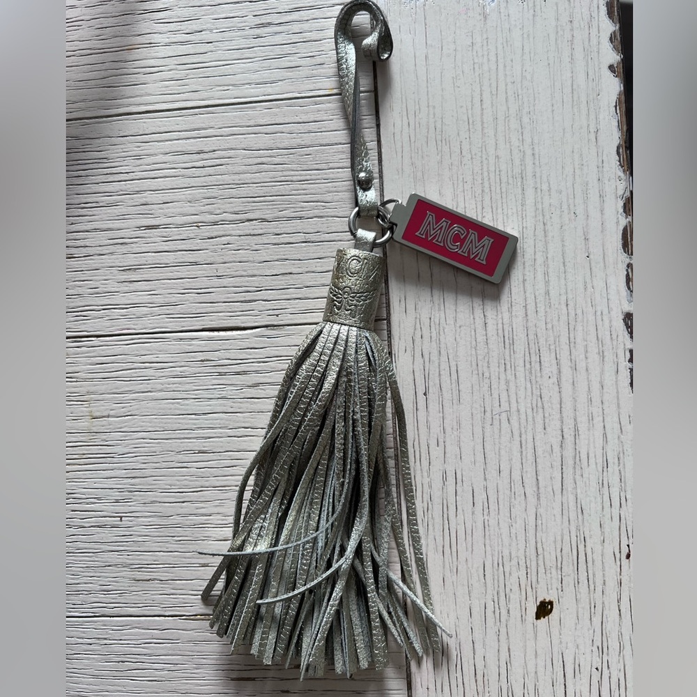 MCM Silver Leather Tassel Keyring with Pink Logo Tag